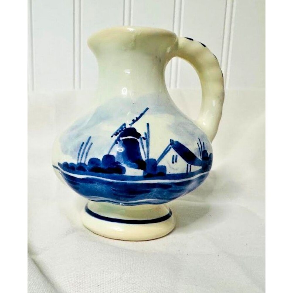 Vintage Hand Painted Delft Holland Miniature Porcelain Pitcher Creamer Windmill